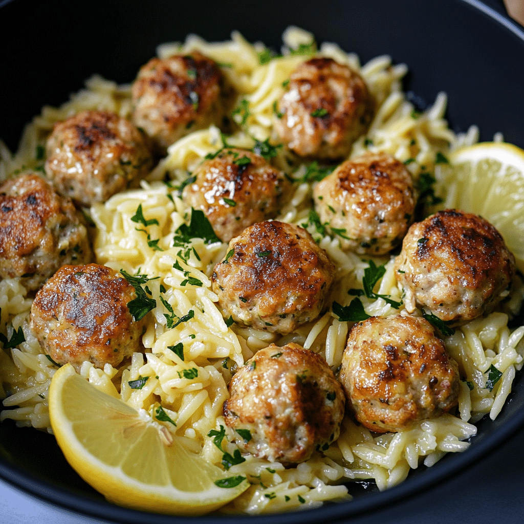 Greek Chicken Meatballs with Lemon Orzo
