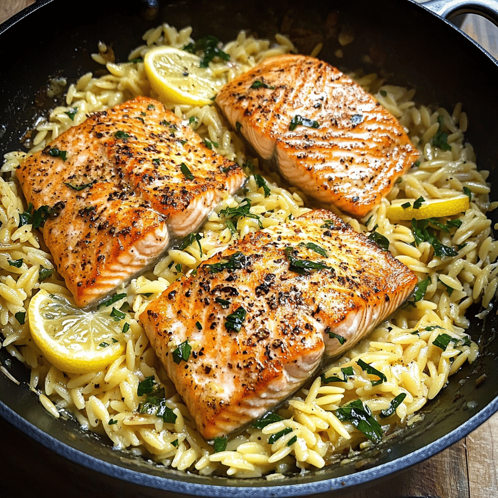 One Skillet Salmon with Lemon Orzo