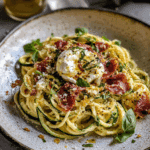 Zucchini Carbonara with Crispy Prosciutto and Burrata