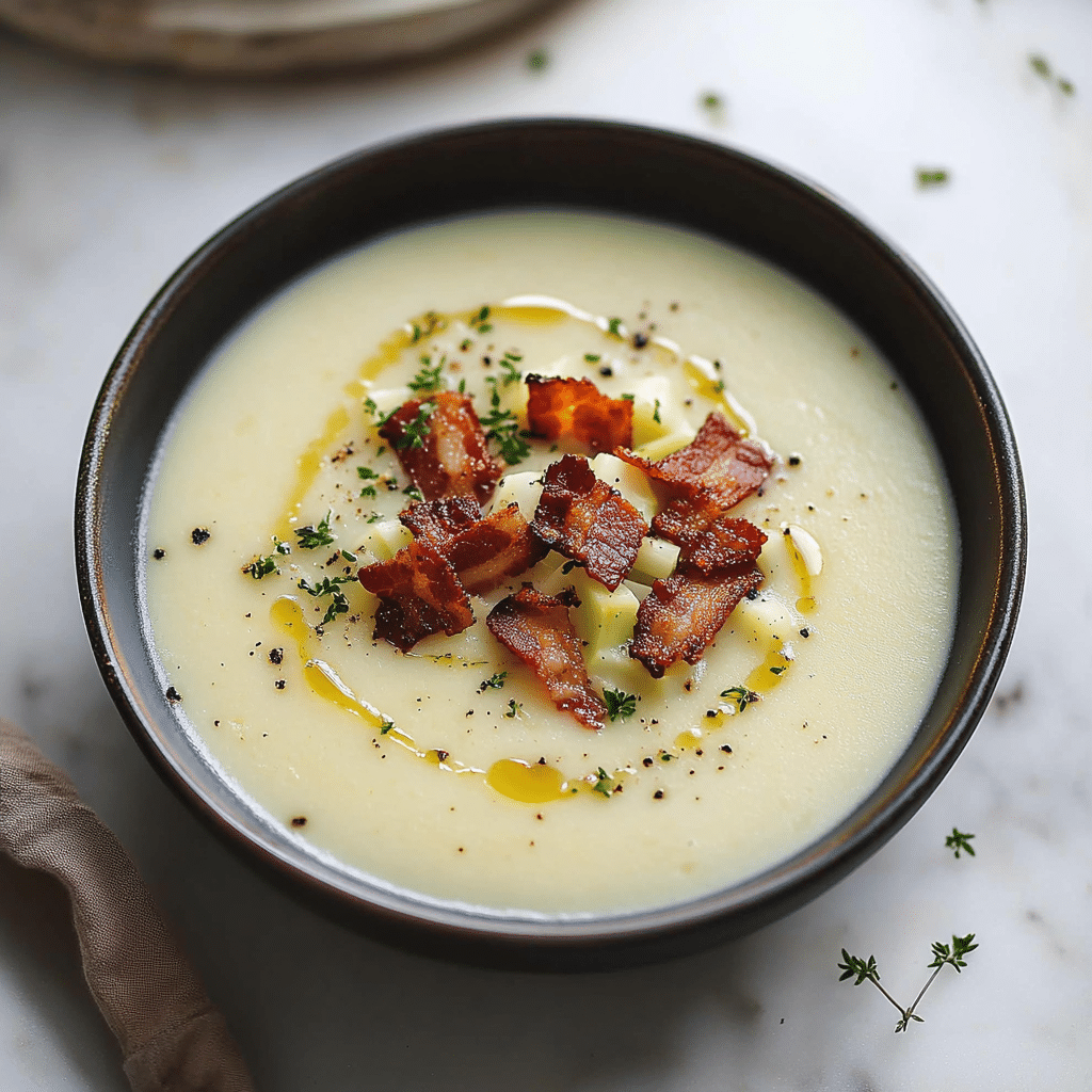 Creamy Cauliflower and Leek Soup with Crispy Bacon