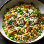 Fregola with Pancetta Peas and Parmesan