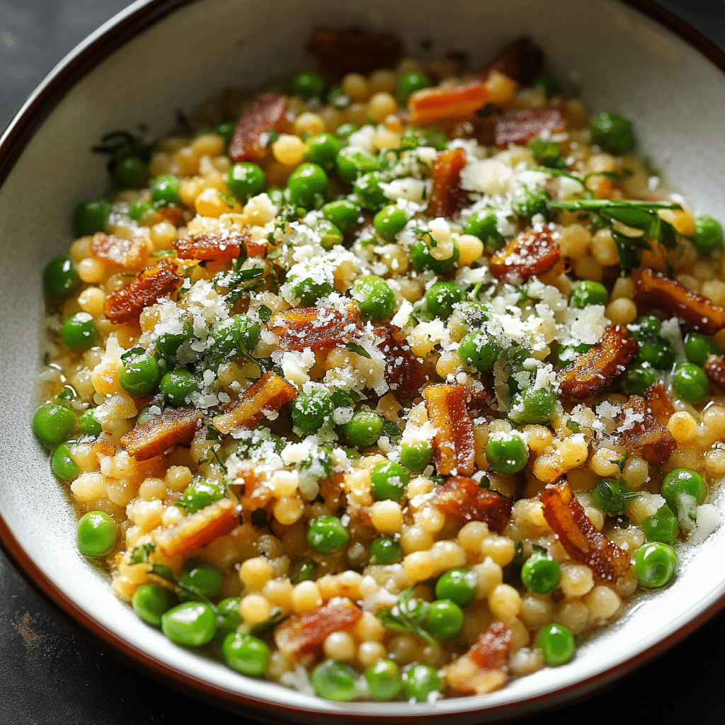 Fregola with Pancetta Peas and Parmesan