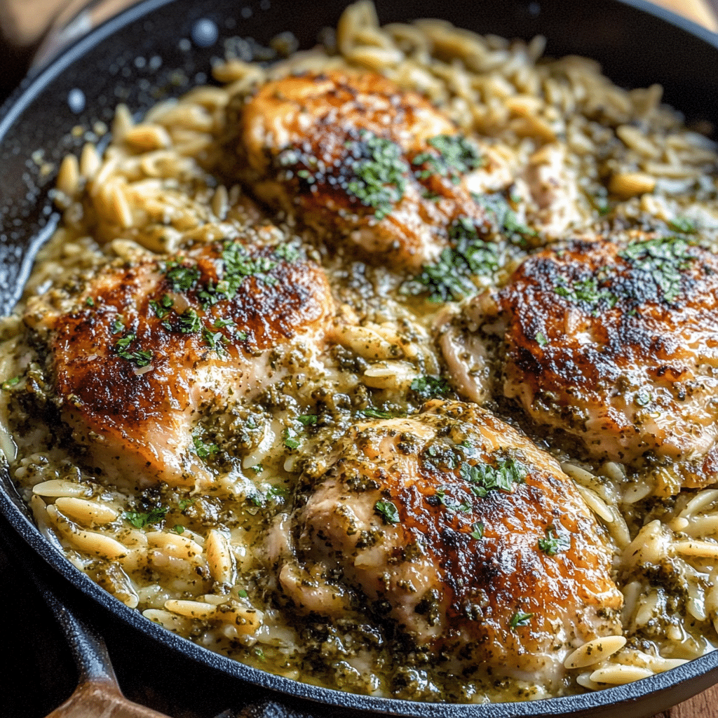 Skillet White Pesto Chicken and Orzo Recipe