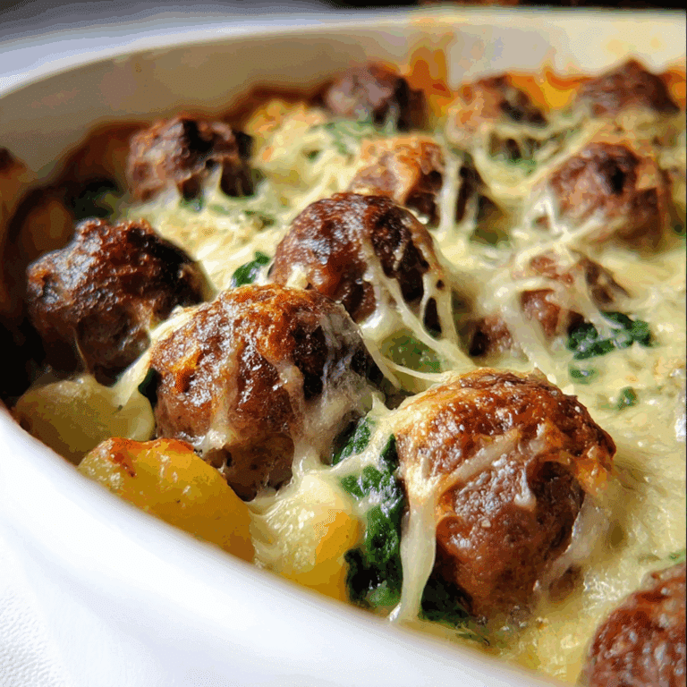Cheesy Spinach Meatball Potato Bake