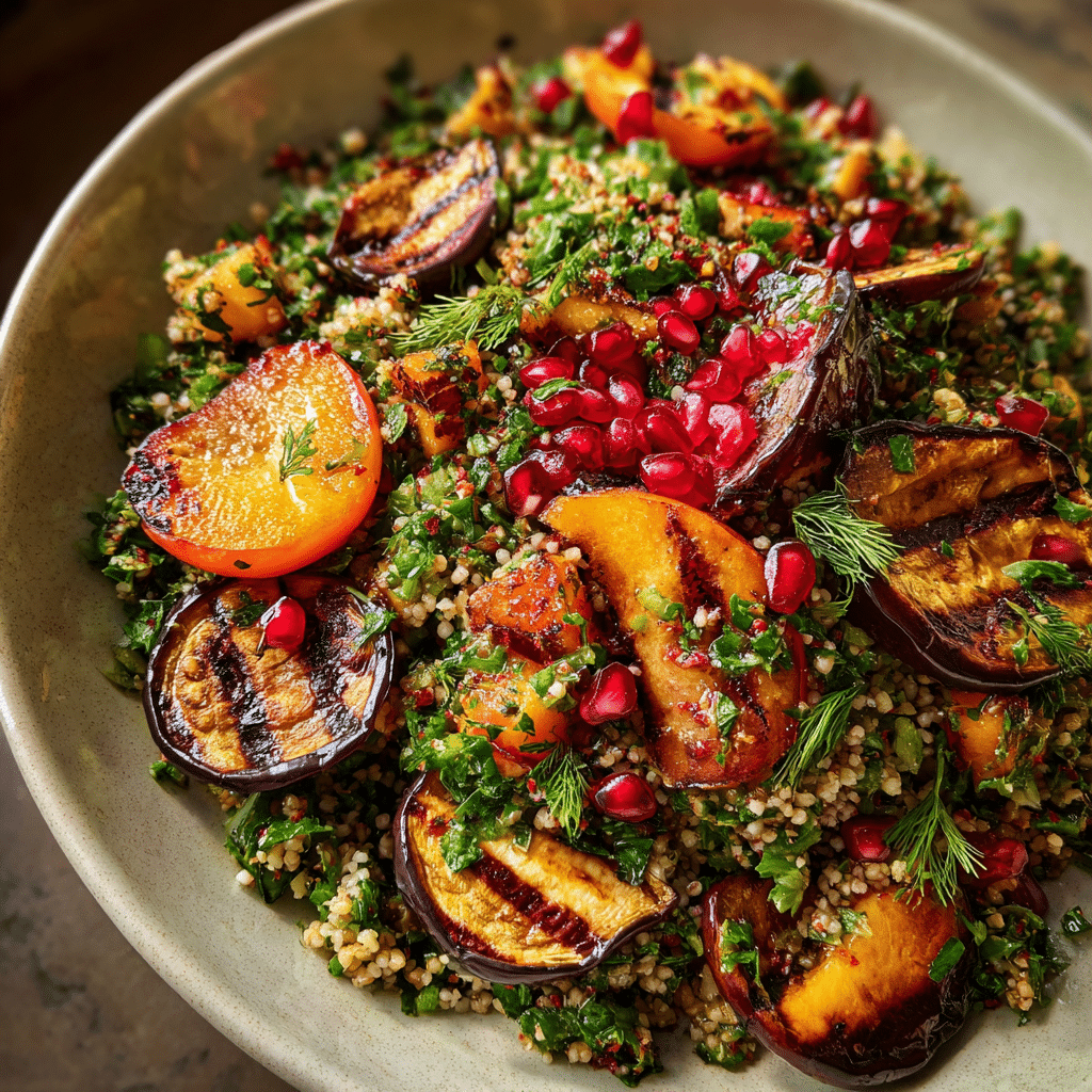 Eggplant tabbouleh salad with grilled peaches and pomegranate