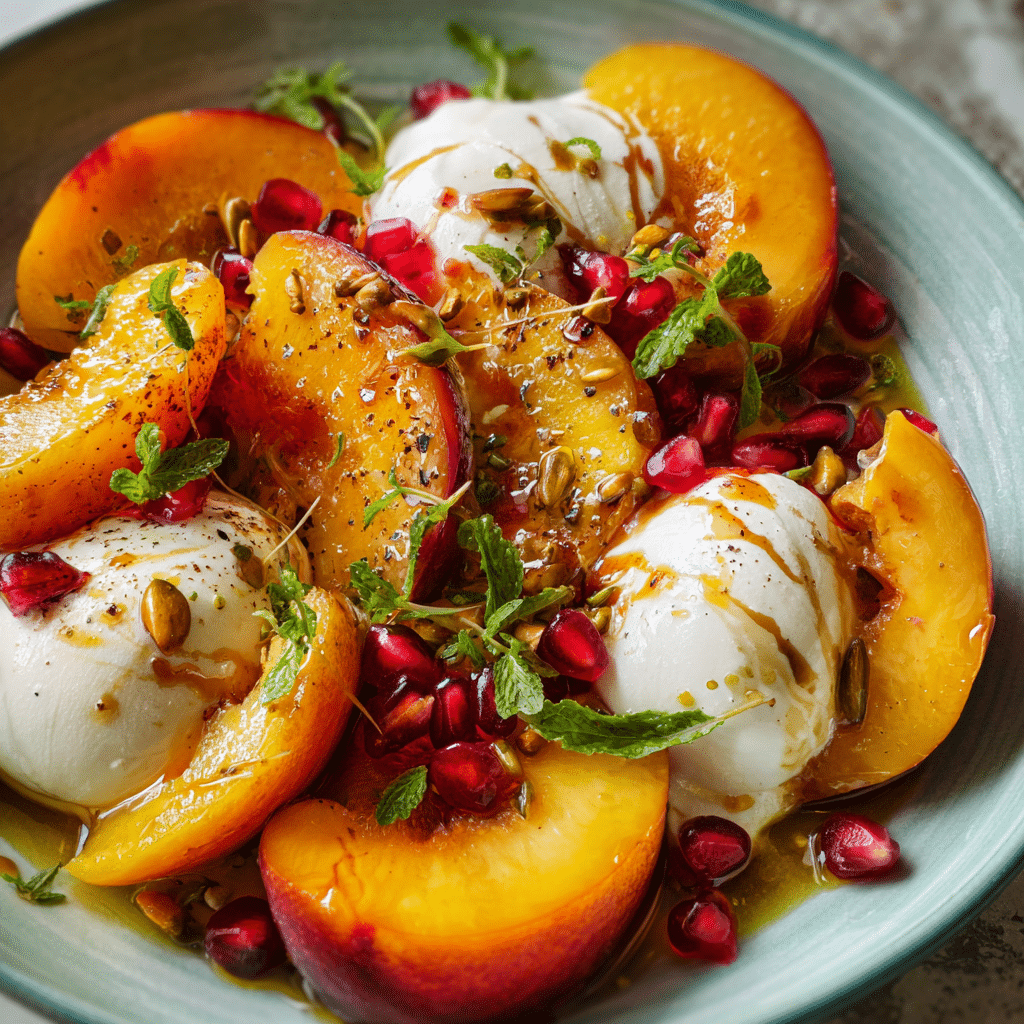 Roast yellow peach and burrata salad with pomegranate dressing