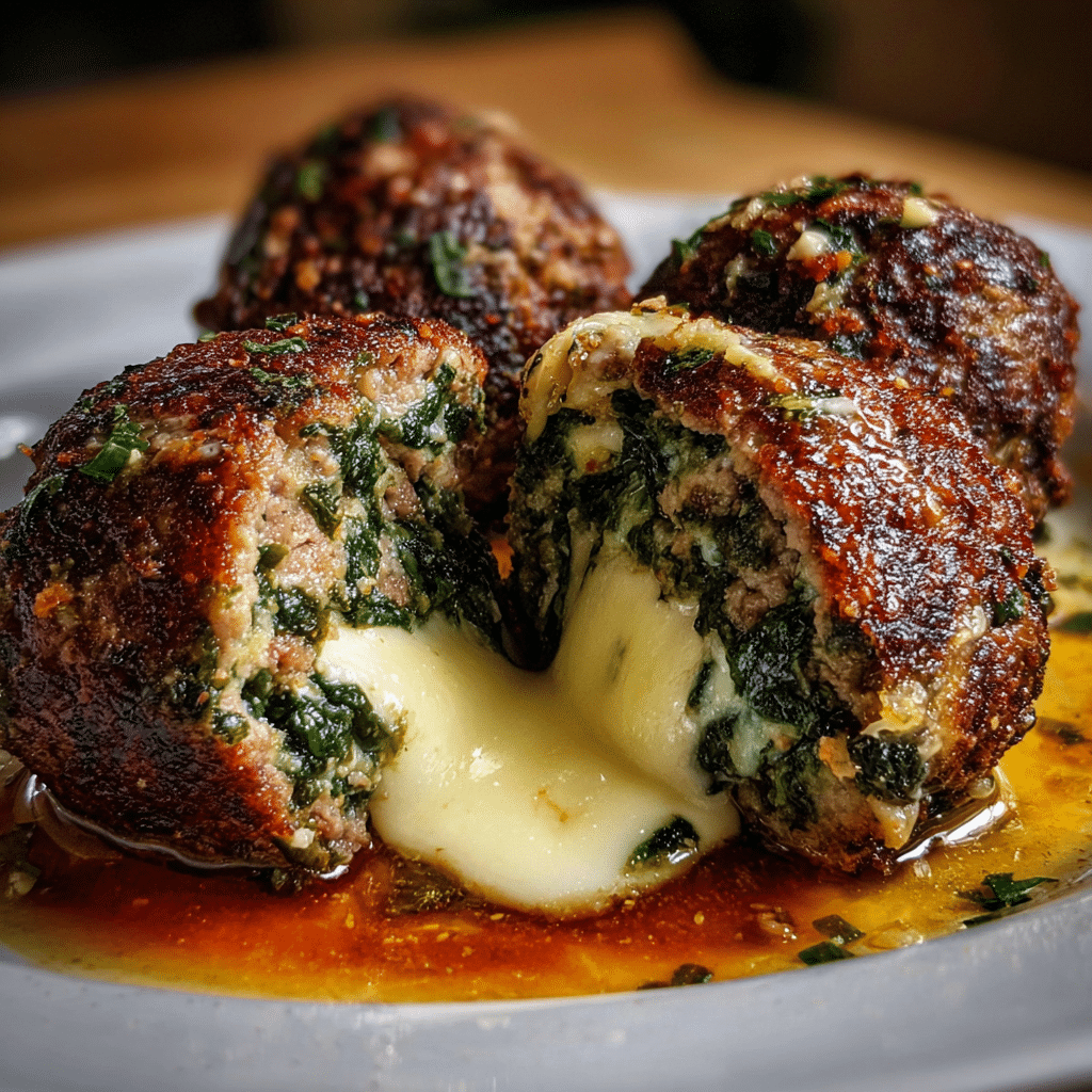 Spinach Garlic Meatballs Stuffed with Mozzarella