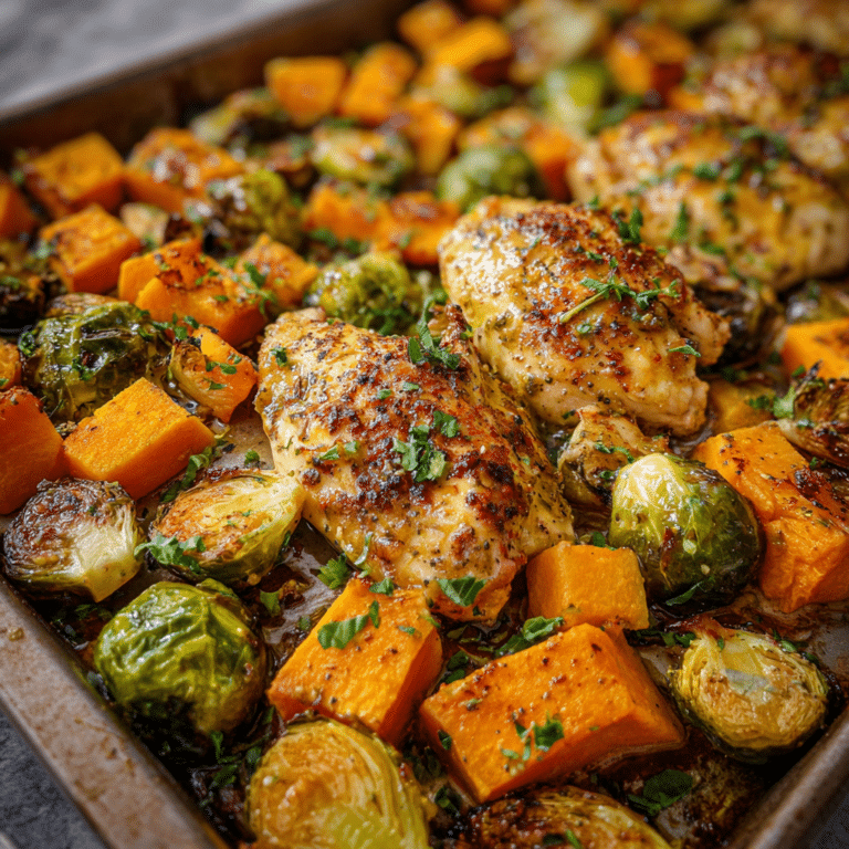 Sheet Pan Honey Dijon Chicken with Sweet Potatoes & Brussels Sprouts