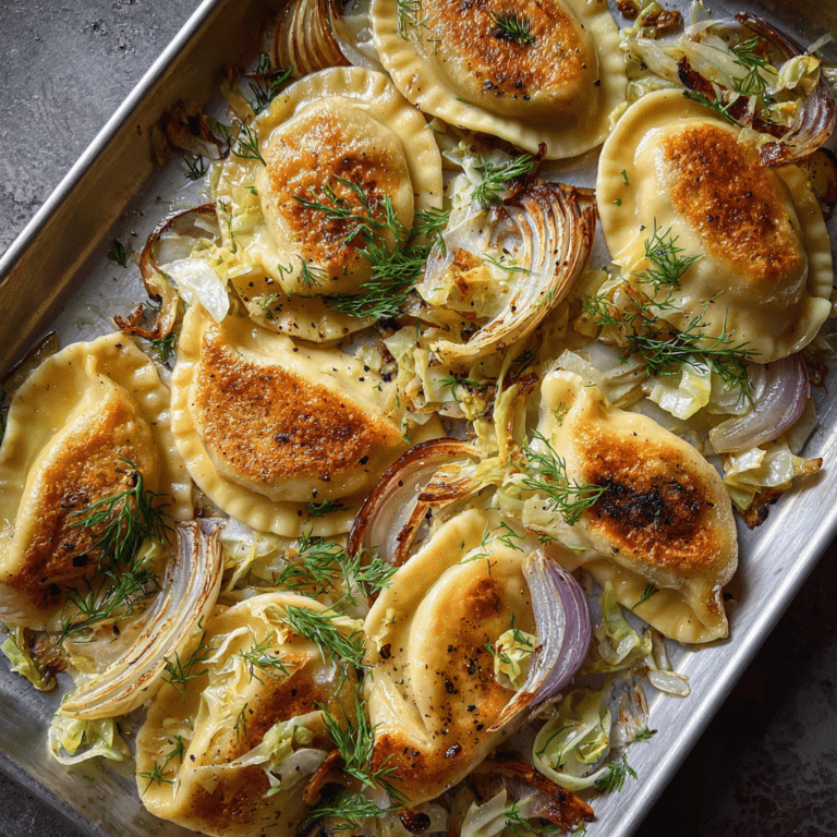 Sheet Pan Pierogi with Caramelized Cabbage, Onions and Dill